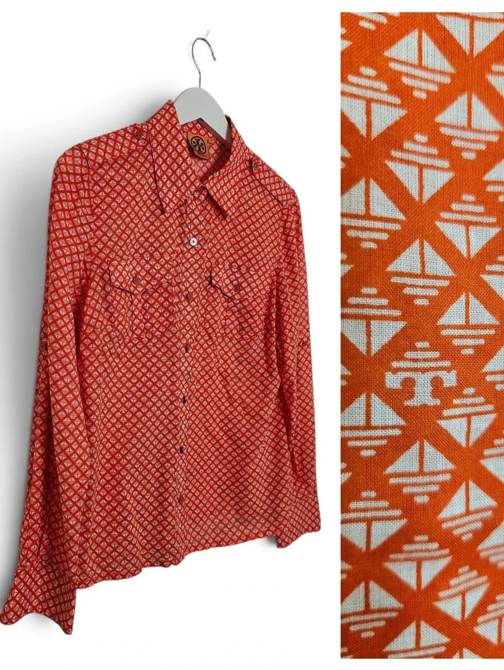 Tory Burch Brigitte Blouse 6 Checkerboard Roll Tab Utility Cotton Orange White